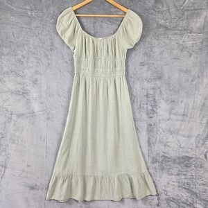 Womens Dress Medium Green Milkmaid Linen Boho Tiered Midi Babydoll Cottagecore